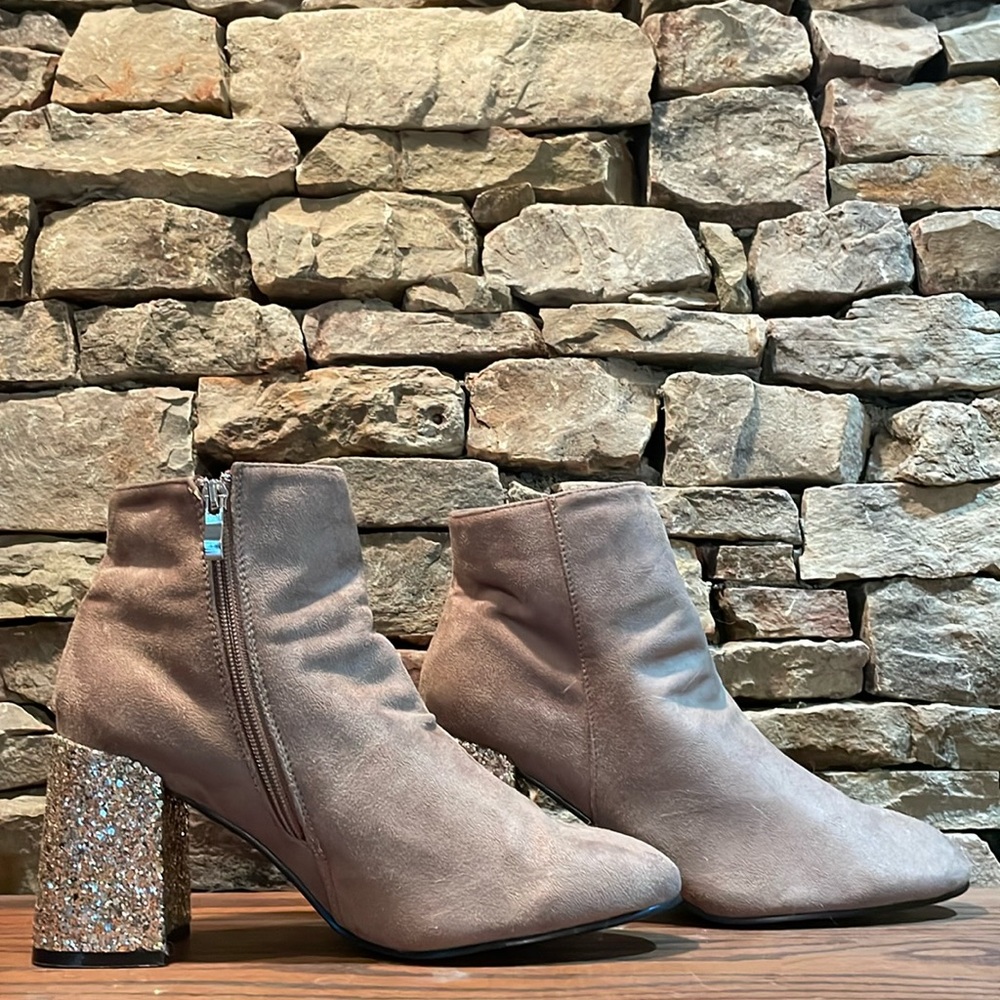 Nature Breeze Ankle High Women’s Glitter Heeled Booties in Taupe.